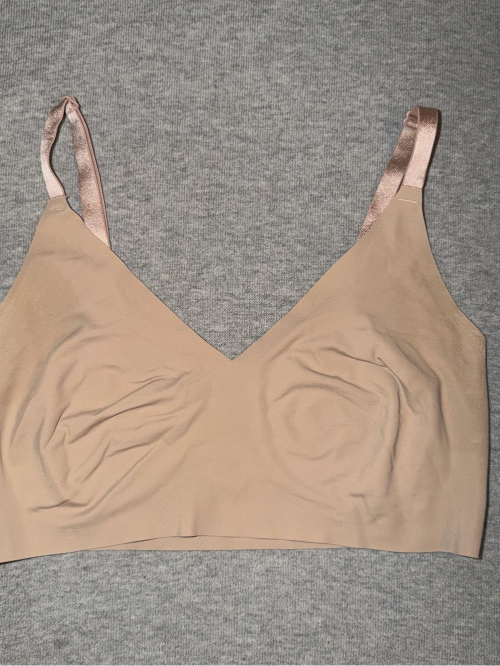 True & Co. Beige Seamless Wireless Bralette with Satin Pink Straps